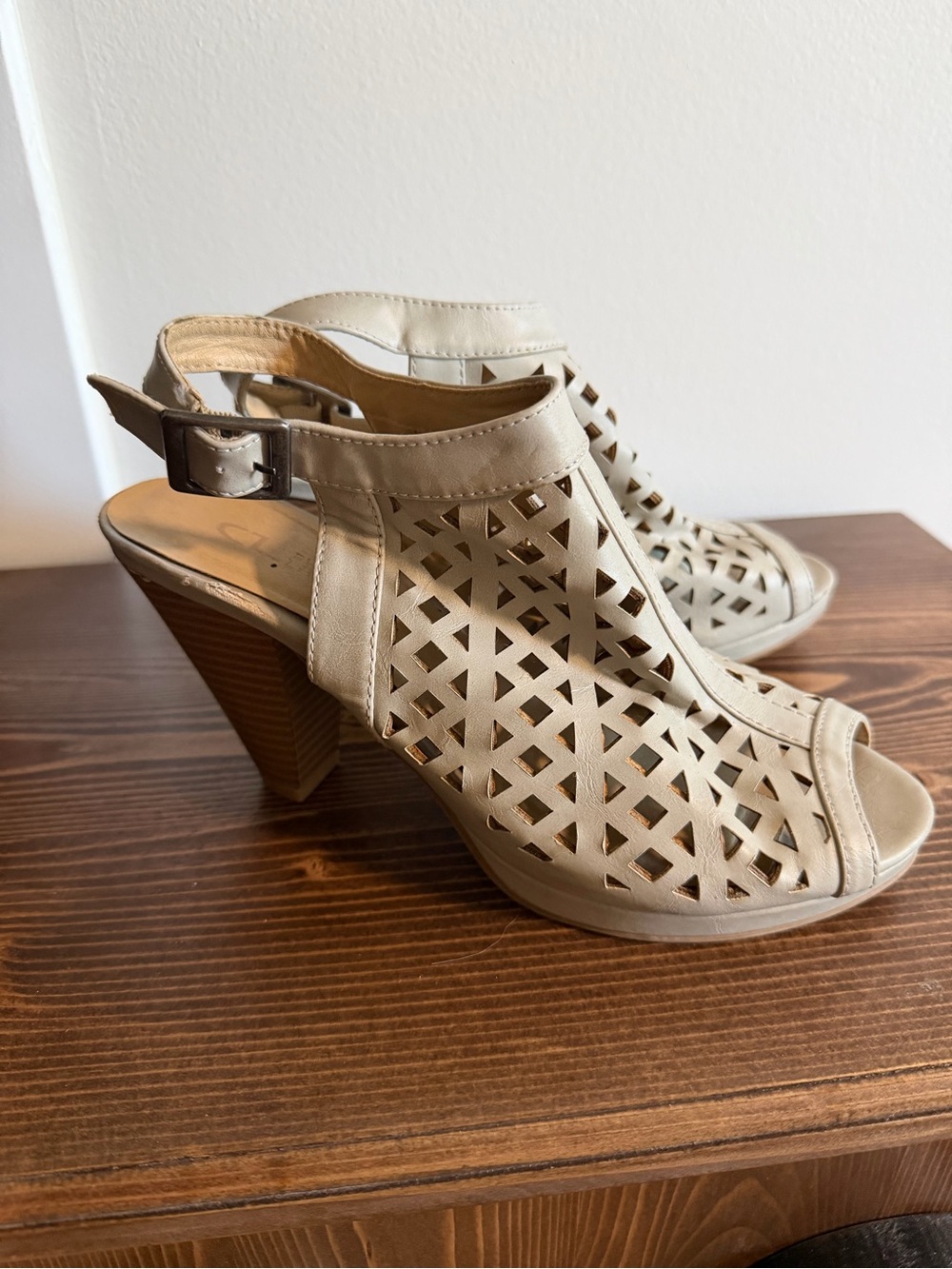 Cutout Slingback Heels in Taupe - Geometric Openwork Design